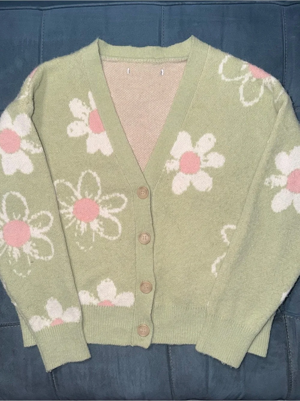 Pastel Green Floral V-Neck Cardigan Sweater